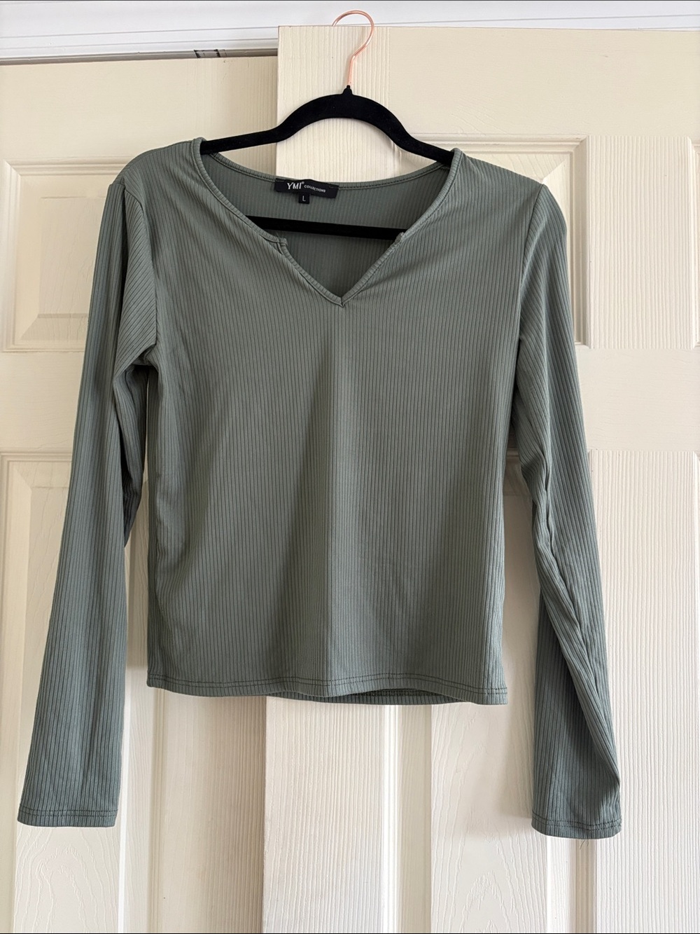 YMI Ribbed V-Neck Long Sleeve Top — Sage